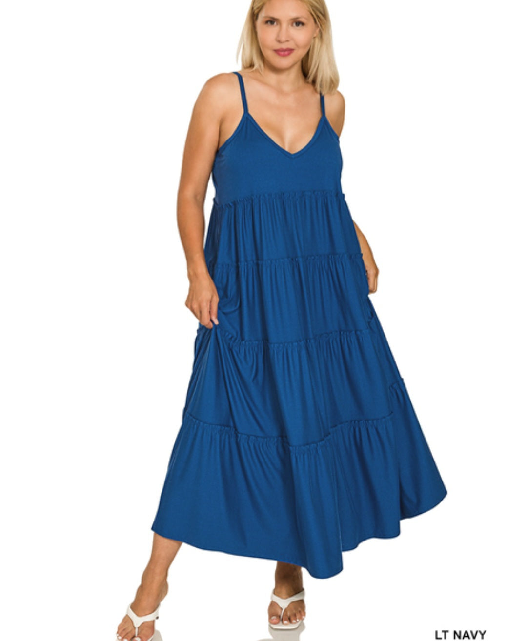 Light navy adjustable strap tiered maxi dress