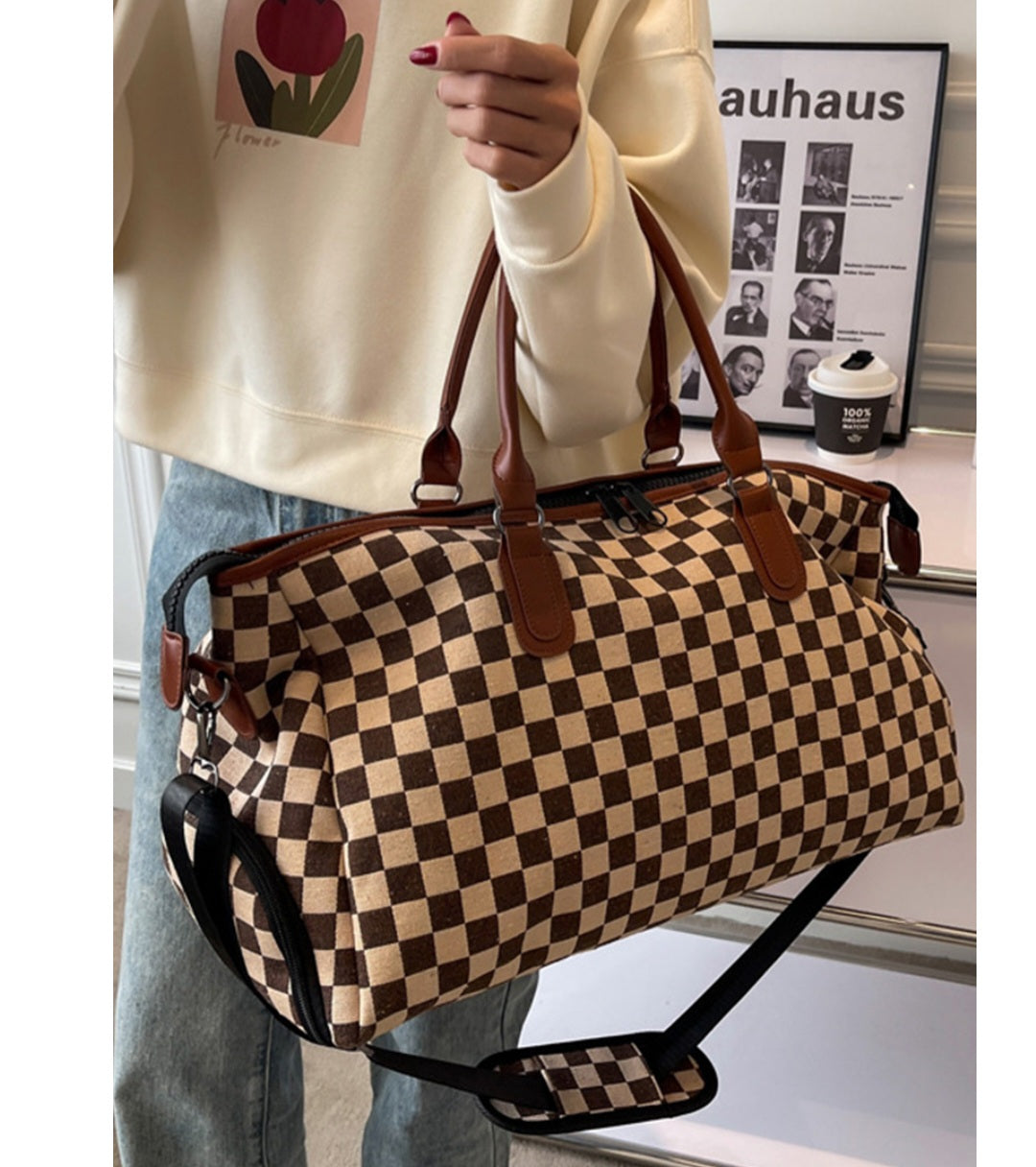 Checkered weekender tote