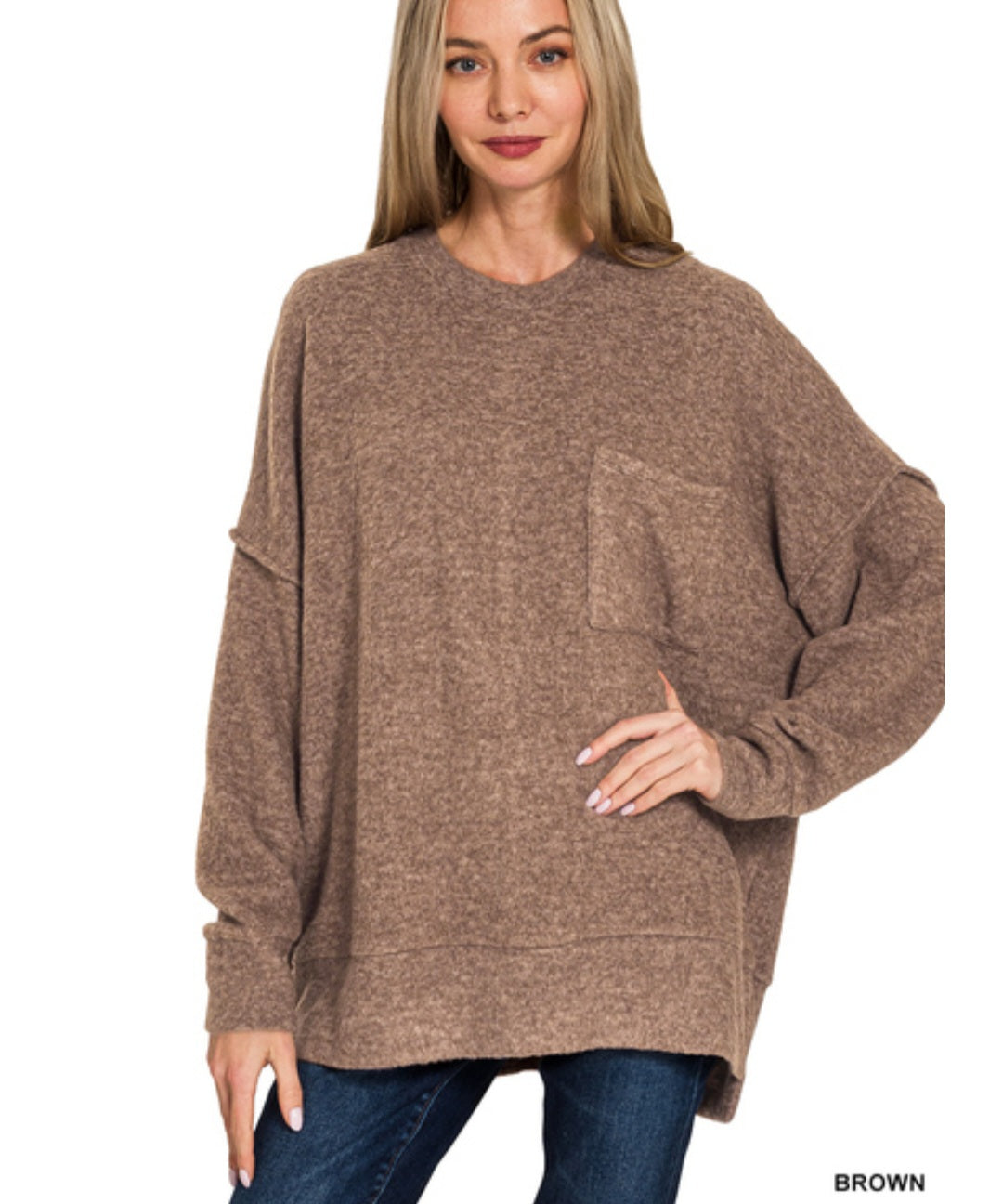 Mocha brown brushed melange pullover with front pocket