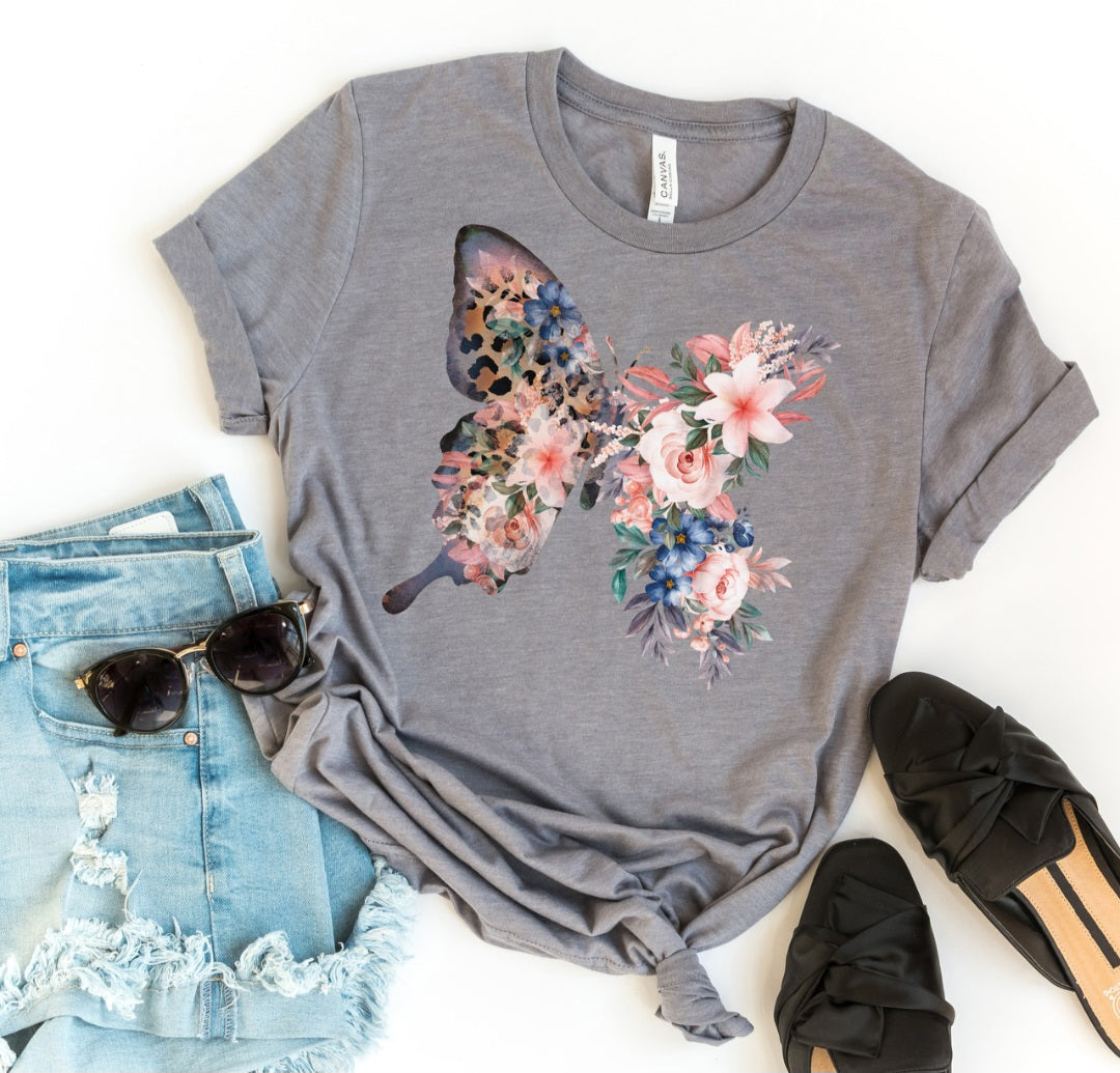 Floral leopard butterfly graphic tee