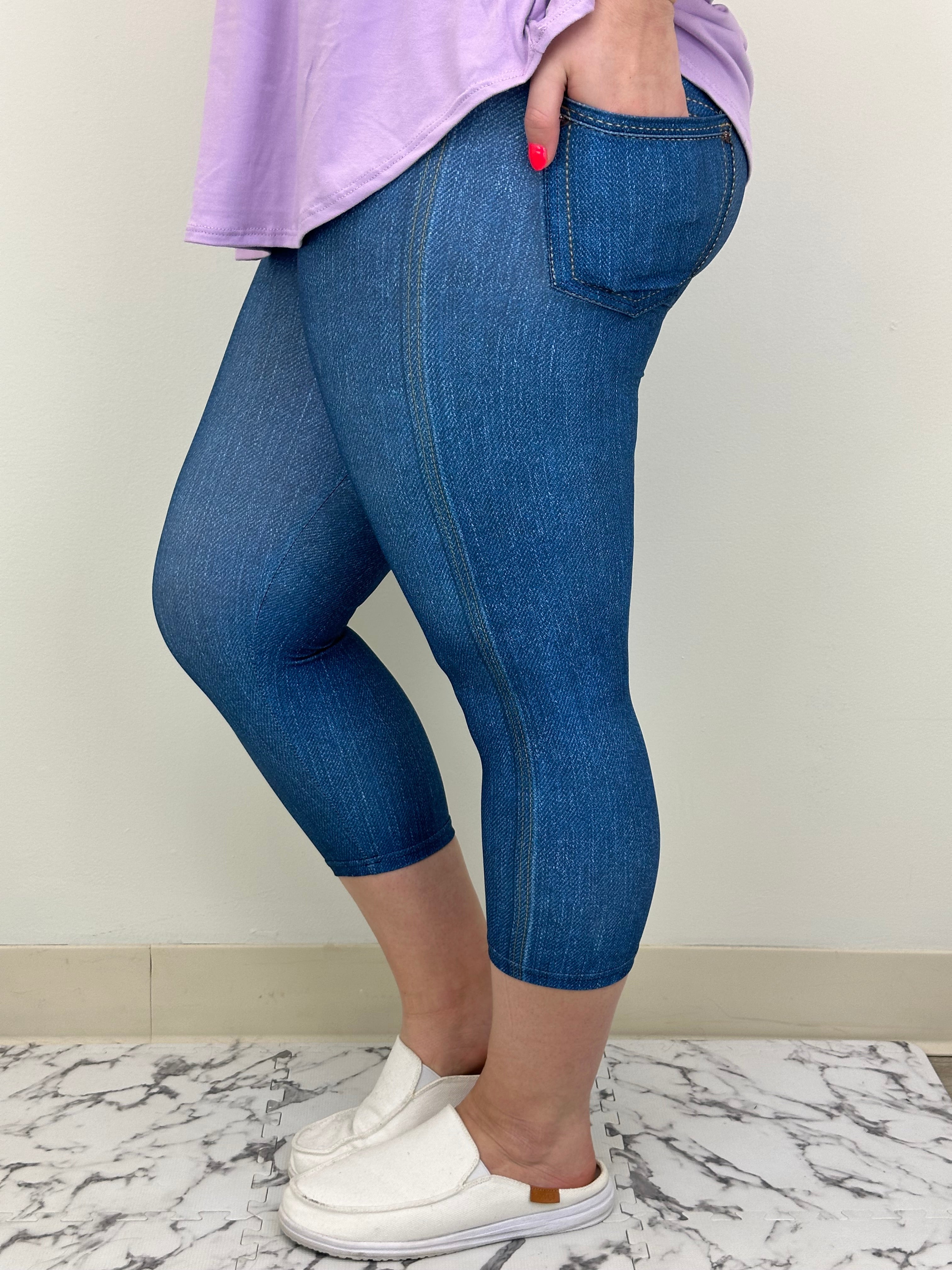 Faux blue denim pocket capri leggings