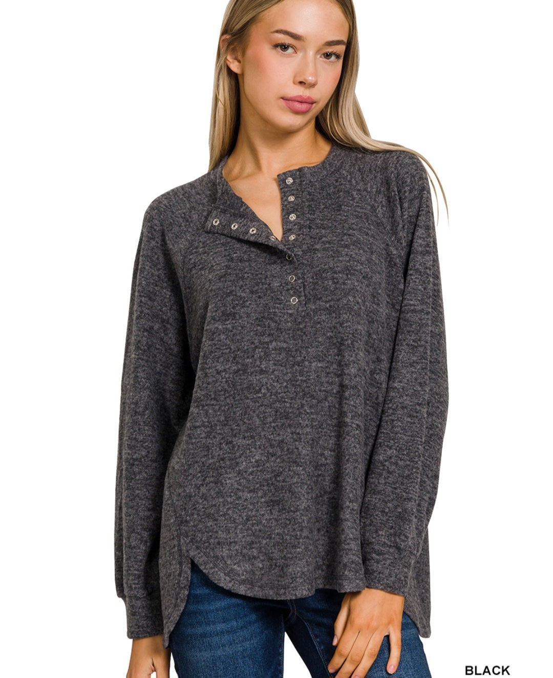 Black soft brushed melange henely style pullover