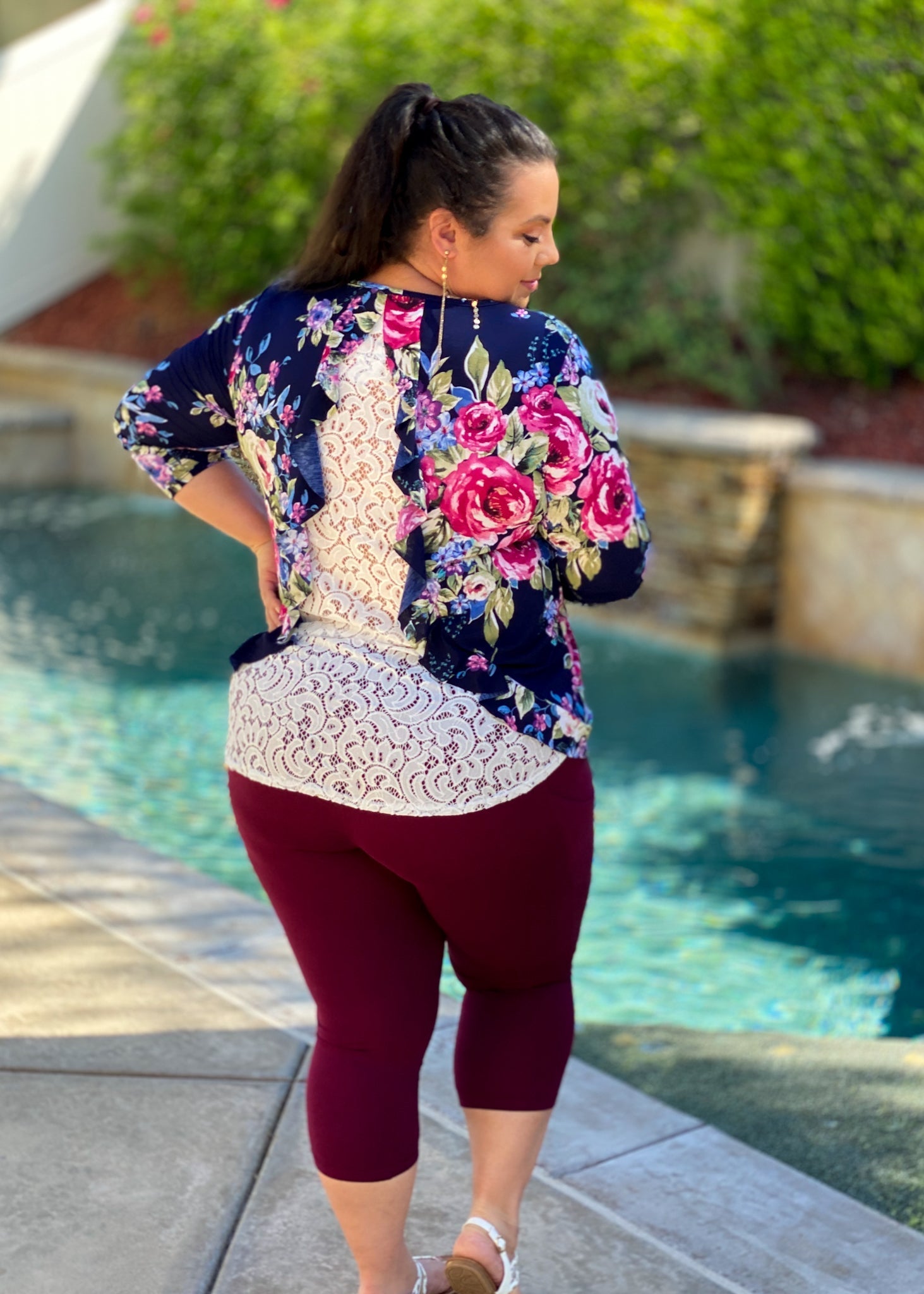 Floral Ruffles and Lace 3/4 Sleeve Top