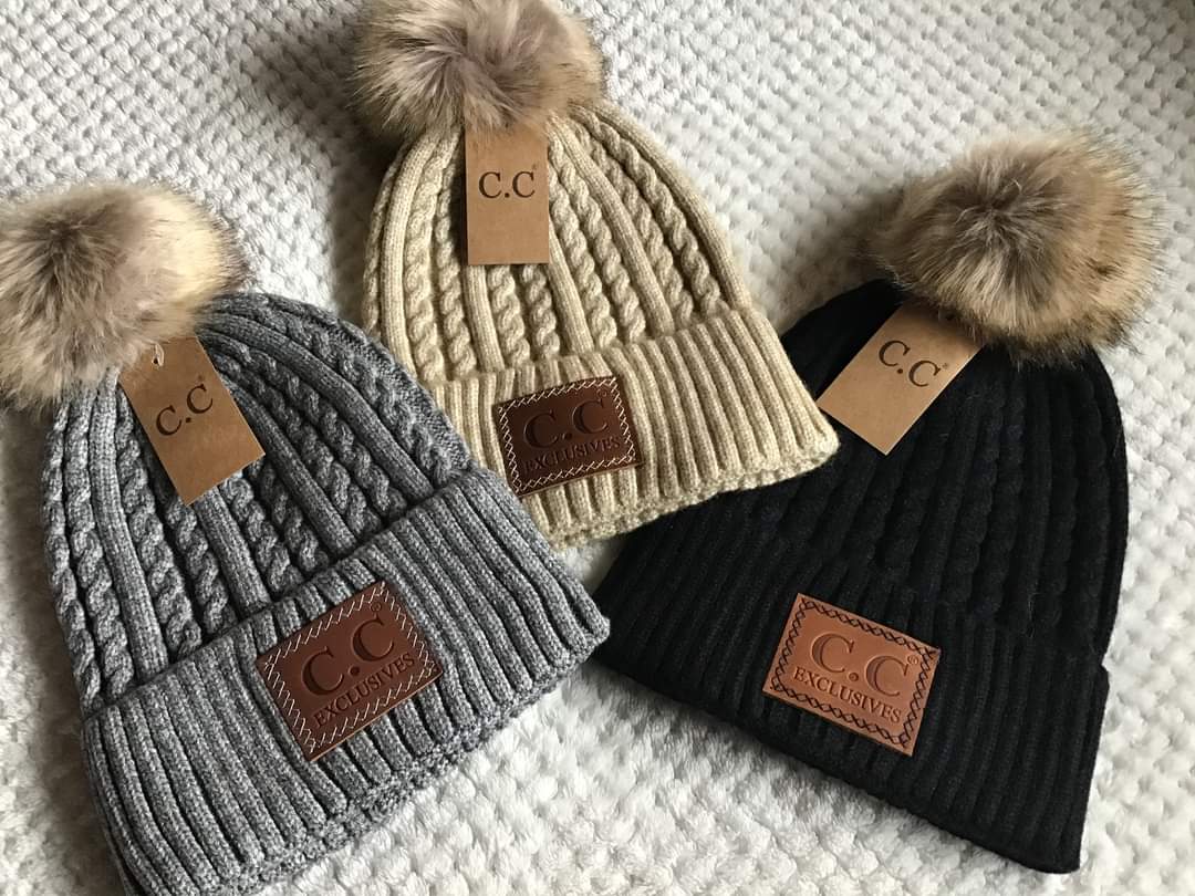 CC beanie with fur pom