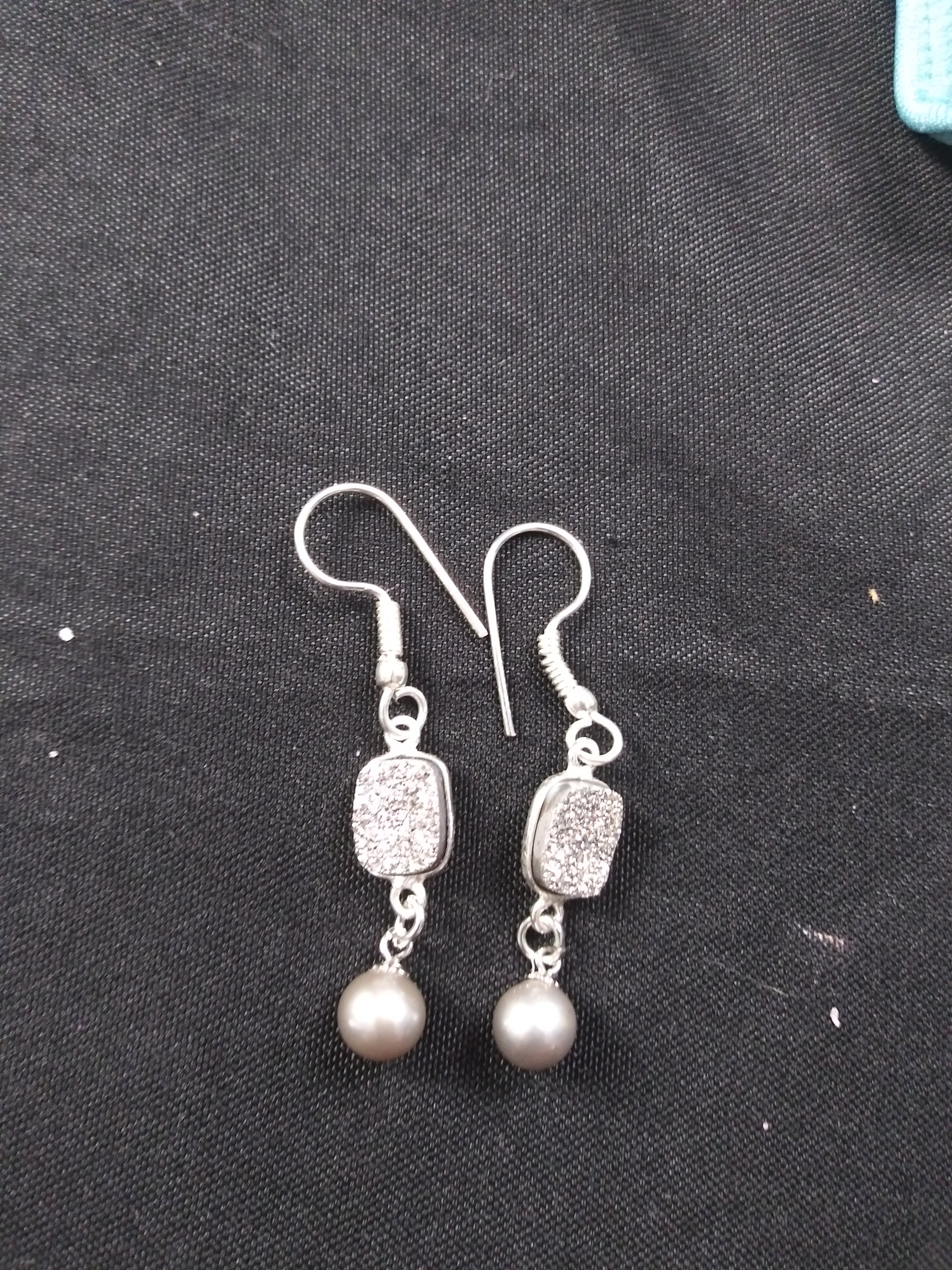Silver druzy pearl earrings