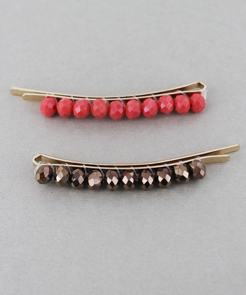 Brown and red beaded hair clips (2 pack)