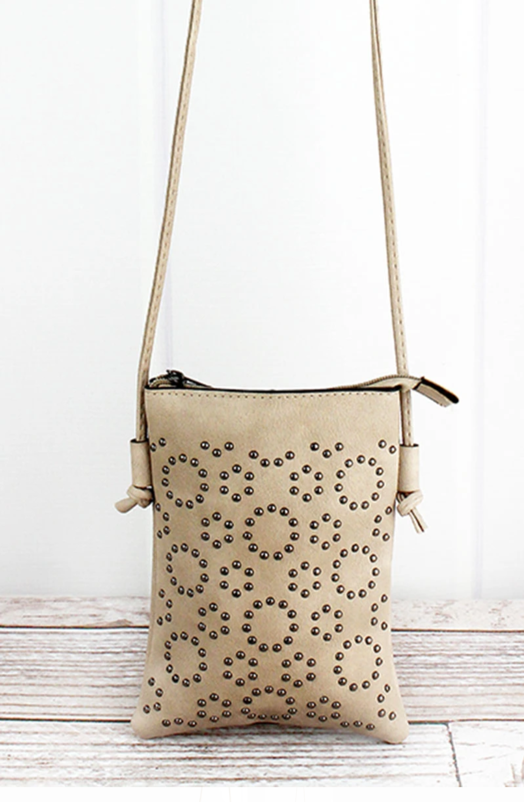 Tan studded small wallet/phone crossbody