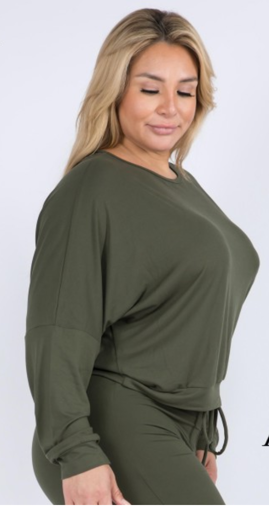 Plus size relaxed drop shoulder crew neck long sleeve