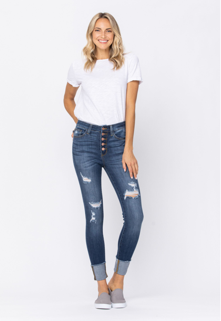 Judy Blue High Rise Button Fly Cuffed Skinny