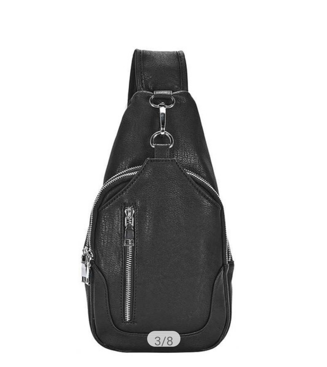 Black leather sling backpack