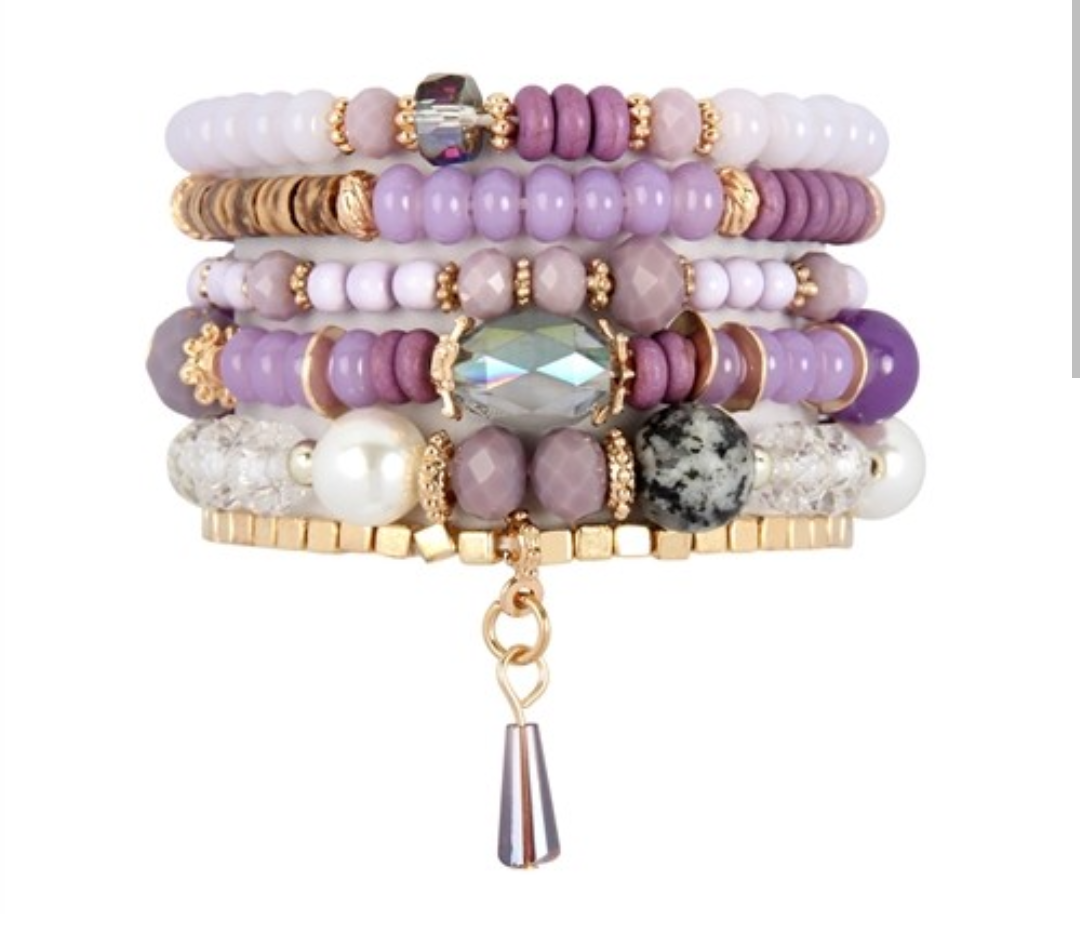 6pk multi bead stone stack bracelets