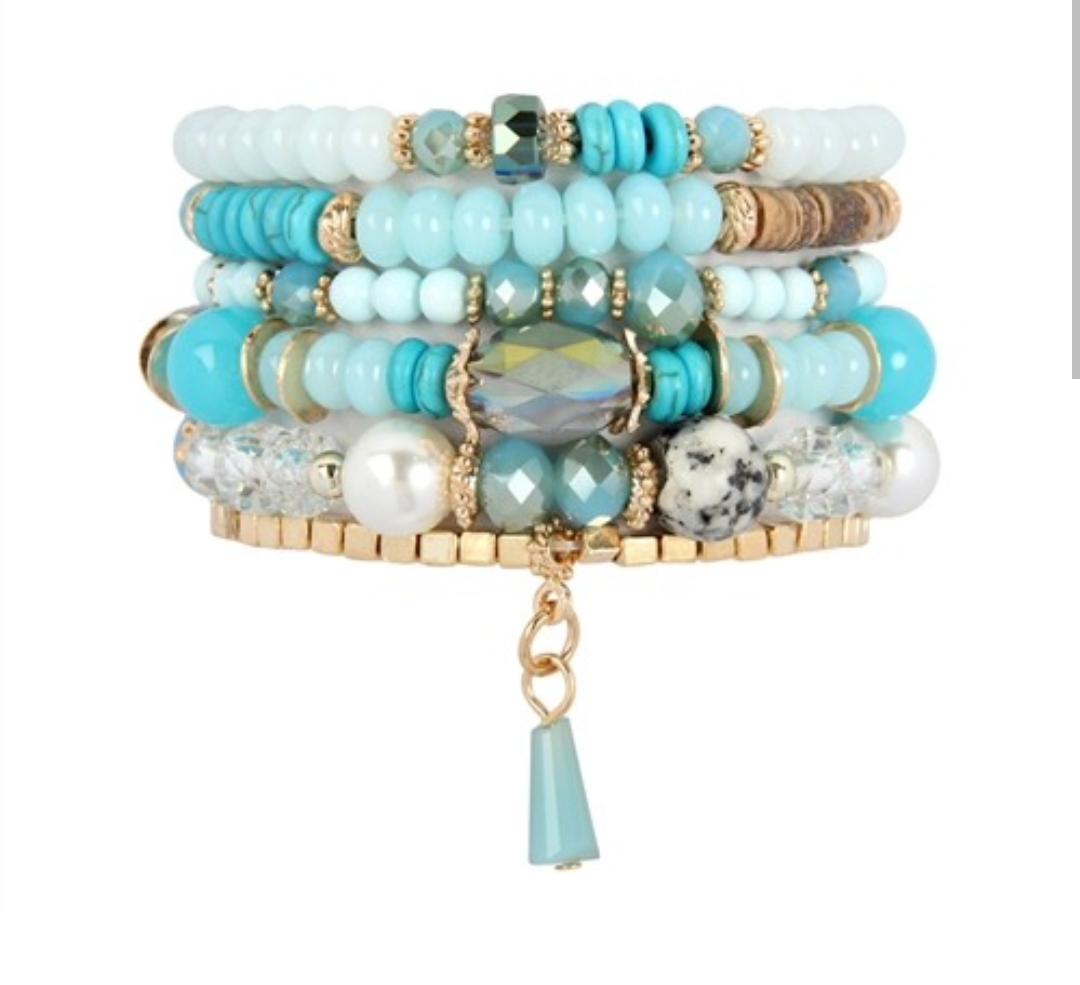 6pk multi bead stone stack bracelets