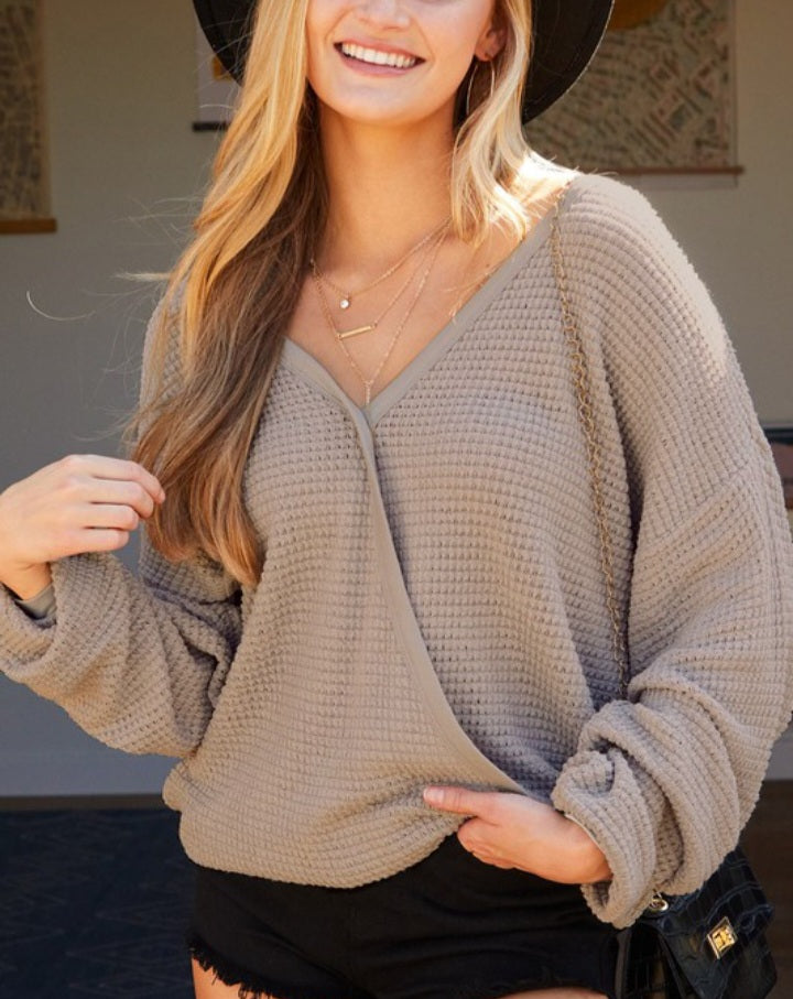 Taupe waffle crossover sweater