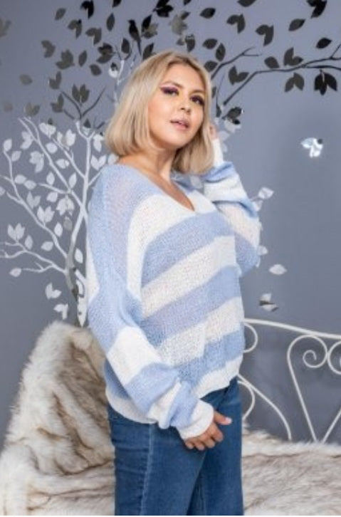 Light blue white stripe winter wonderland sweater