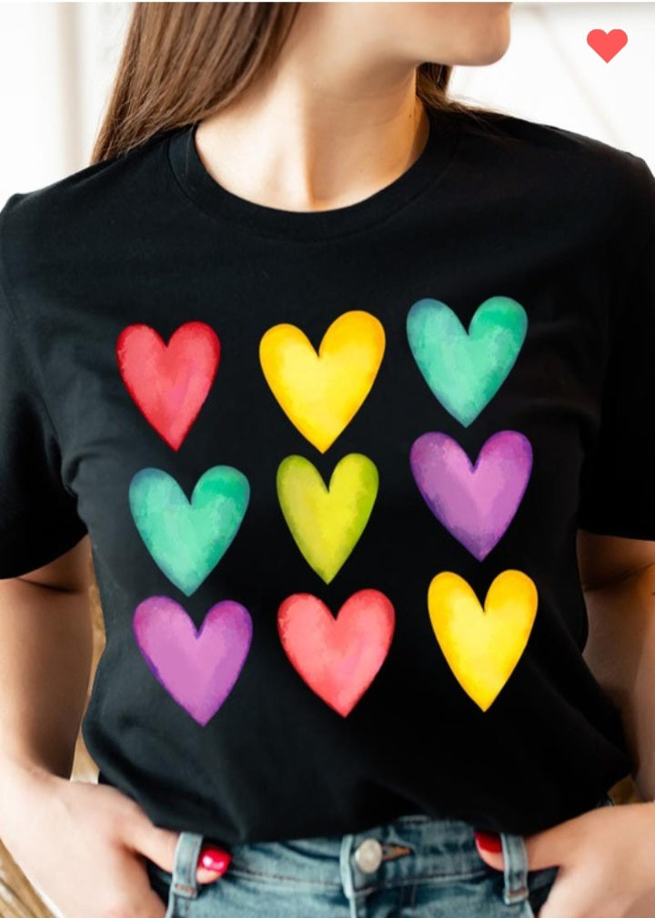 Black short sleeve multi color heart graphic tee