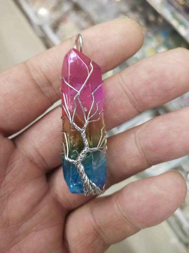 Rainbow wire wrap stonw pendant